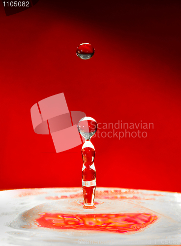 Image of Falling drops of water over red