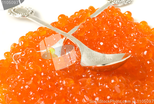 Image of Delicatessen. Red caviar and silver spoons 