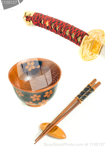 Image of Japanese katana, Chopsticks and bowl 