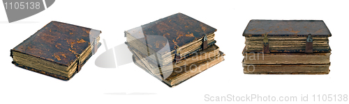 Image of Collage of Stack of old obsolete books views over white