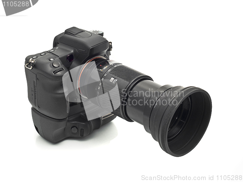 Image of Professional DSLR camera with telephoto lens