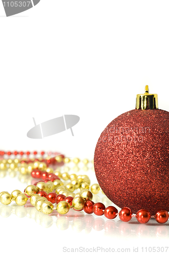 Image of Christmas is coming. Decoration - colorful red ball and tinsel