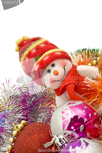 Image of Xmas greetings - Funny white snowman and decoration balls