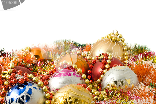 Image of Christmas and New Year decoration - colorful tinsel and balls