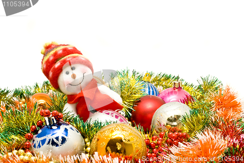 Image of Christmas comes - Funny snowman and decoration baubles 