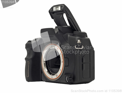 Image of Professional Dslr camera body with opened flash isolated 