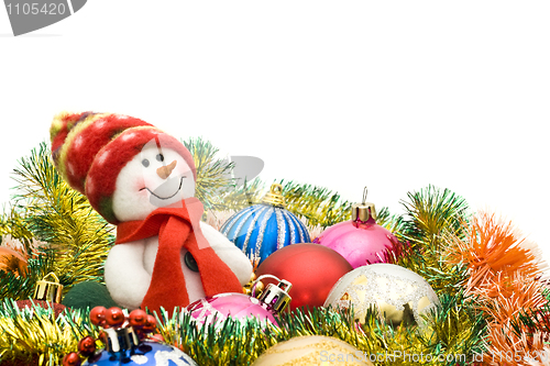 Image of Christmas greeting - Cute snowman and group of balls 