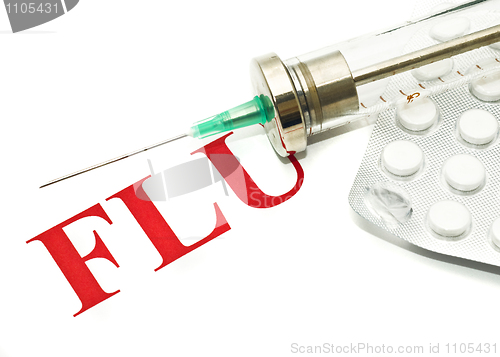 Image of Swine FLU H1N1 - alert, old-fashioned syringe and pills
