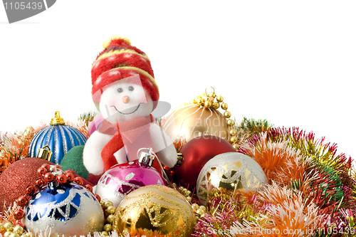 Image of Christmas greeting - Funny white snowman and decoration balls