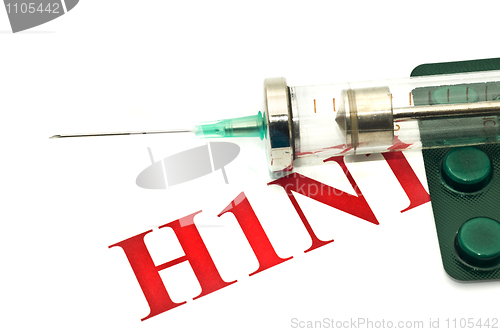 Image of Swine FLU H1N1 disease warning - pills and syringe