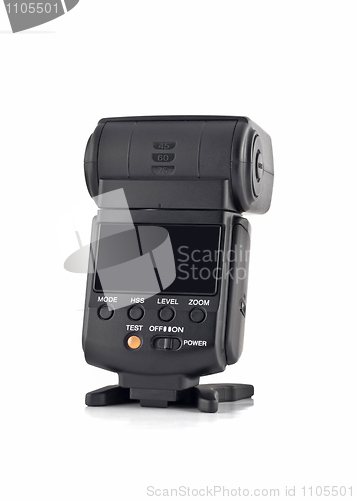Image of Rear view of Professional flash on stand for digital camera isol