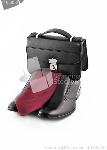Image of Tie, pochette and Pair of men's classic leather shoes isolated