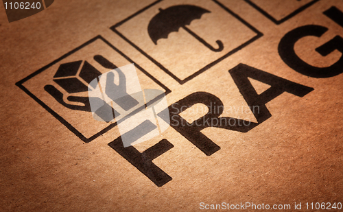 Image of fine image close up of fragile symbol on cardboard