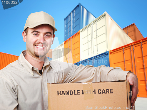 Image of delivery man and colorful container