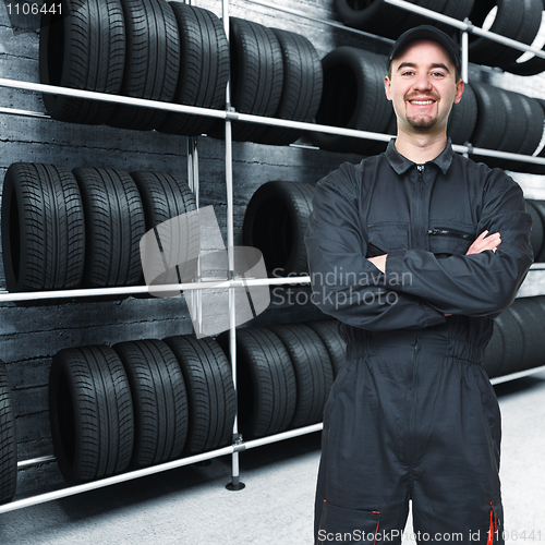 Image of mechanic and garage background