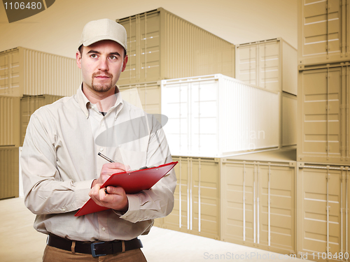 Image of worker and 3d container background