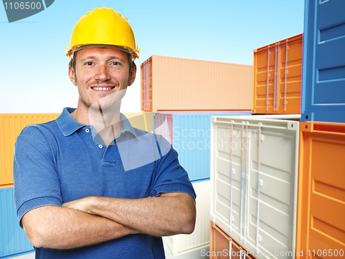 Image of worker and 3d container background