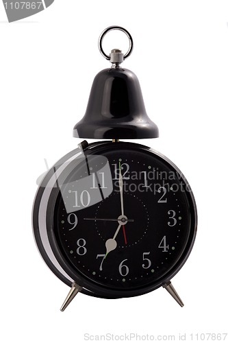 Image of black alarm clock on a white background. 