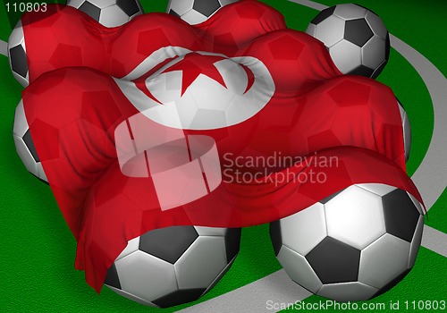 Image of 3D-rendering Tunisia flag and soccer-balls