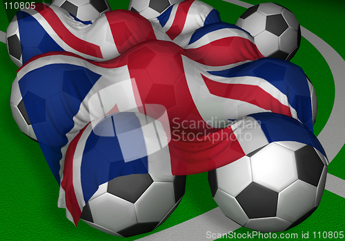 Image of 3D-rendering United Kingdom flag and soccer-balls