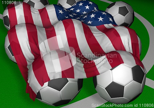Image of 3D-rendering USA flag and soccer-balls