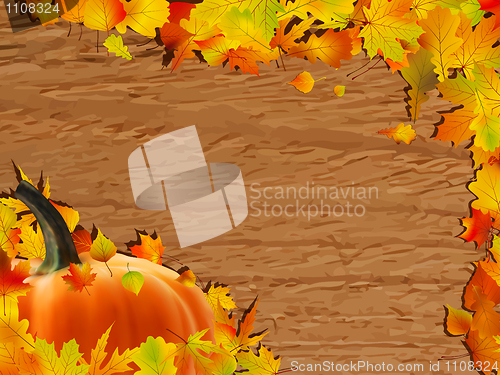 Image of Autumn background with Pumpkin on wooden board.