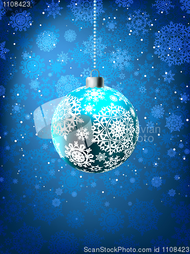 Image of Christmas ball on falling flakes template. EPS 8