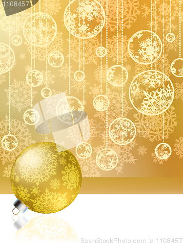 Image of Golden christmas card with baubles . EPS 8