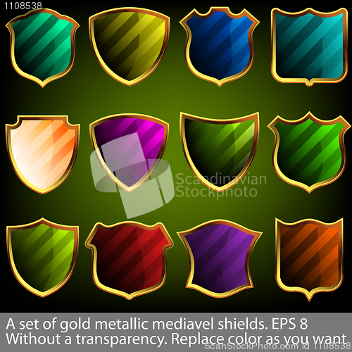 Image of A set of gold metallic mediavel shields. EPS 8