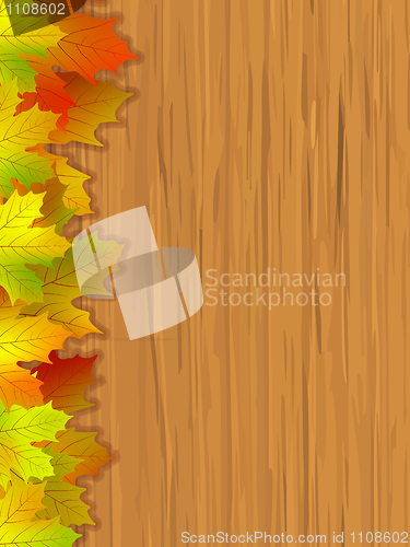 Image of Fall coloured leaves & wooden background. EPS 8