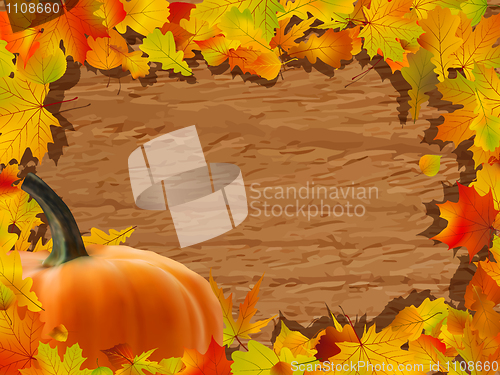 Image of Autumn background with Pumpkin on wooden board.