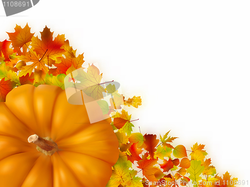 Image of Fall leaves with pumpkin.