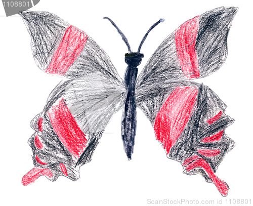 Image of Child has drawn black butterfly on a paper