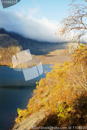 Image of Coast mountain lake and autumn forest