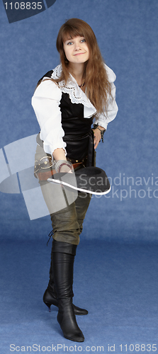 Image of Portrait of woman pirate on blue background