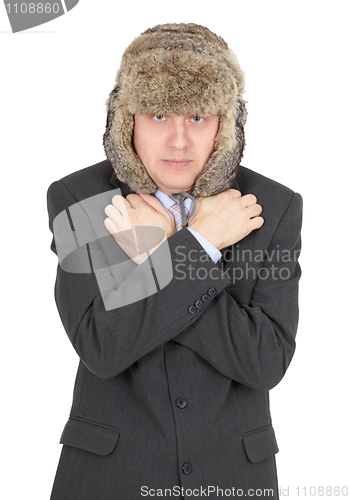 Image of Hoarse waggish young man in fur hat