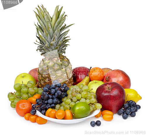 Image of Still life of tropical fruits on white background