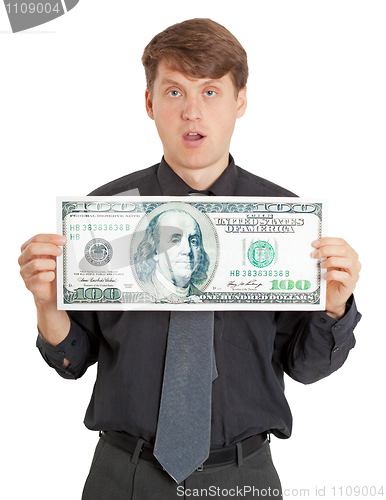 Image of Funny stupid man holding a big money