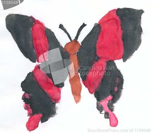 Image of Big butterfly with black wings drawn by child on paper