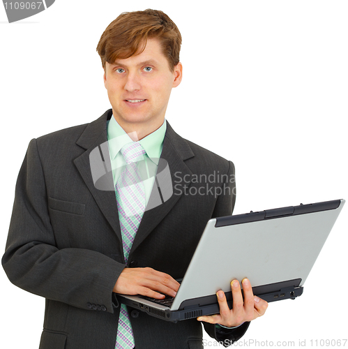 Image of Man with laptop in hand on white background