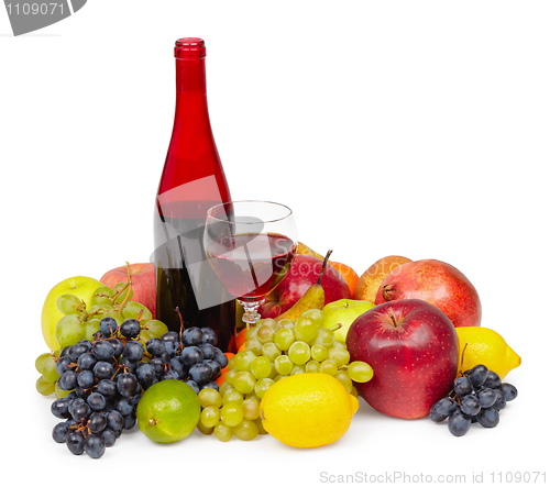 Image of Still life - bottle of red wine, glass and fruit on white