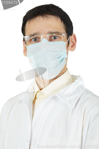 Image of Portrait of a doctor in a white coat and mask