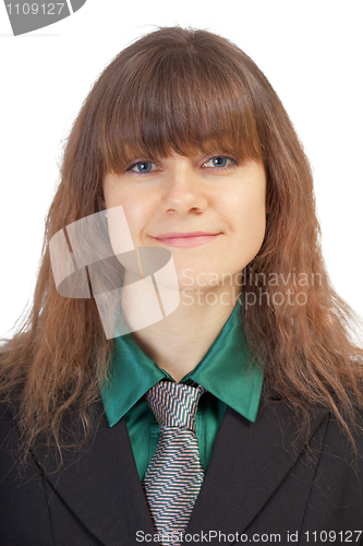 Image of Portrait of young woman in black suit