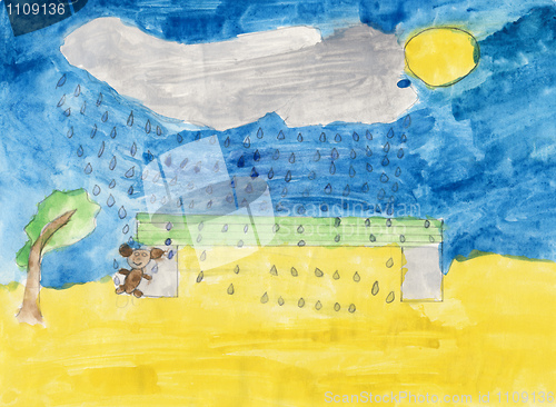 Image of Children's colored drawing - toy, bench and rain