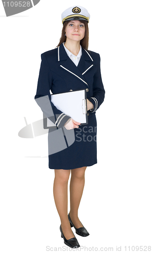 Image of Serious woman in uniform sea captain with tablet