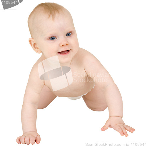 Image of Cute baby crawl on white background