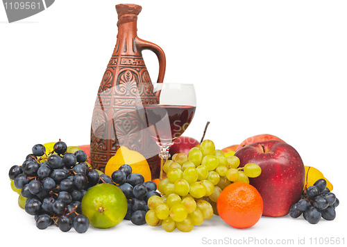 Image of Large still life - clay bottle, glass and fruits