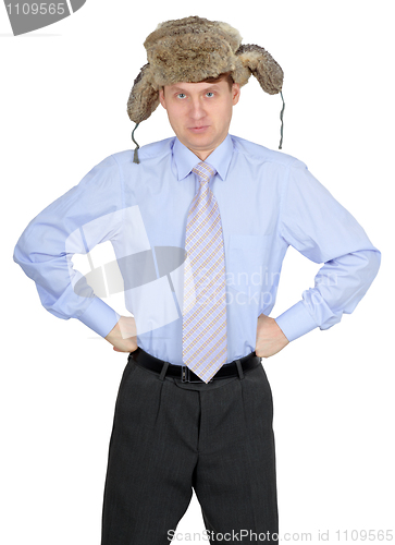Image of Comic russian man in a fur hat on white background