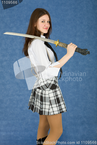 Image of Female teenager armed with a Japanese sword