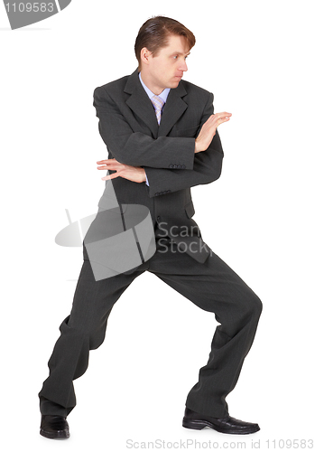 Image of Businessman showing karate skills